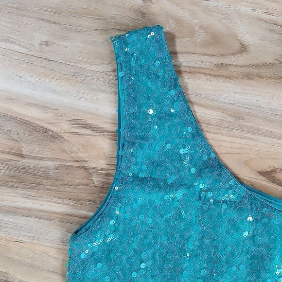 🔺️Lily Rose Teal Sequined One Shoulder Belted Sash Dress Small - Picture 4 of 12